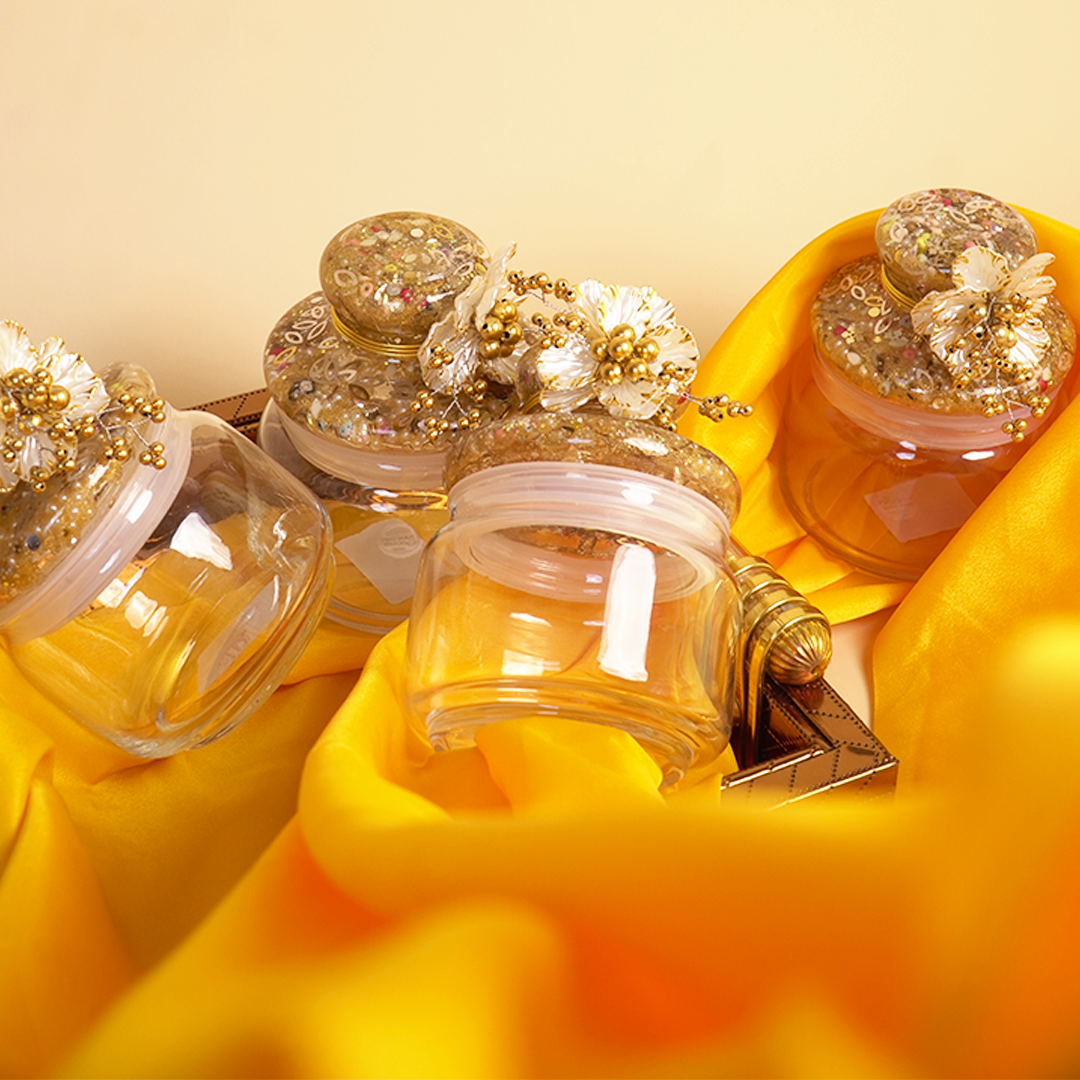 Set of 4 Golden Delight Festive Jar Set – Decorative Snack & Dry Fruit Jars for Gifting & Home Décor
