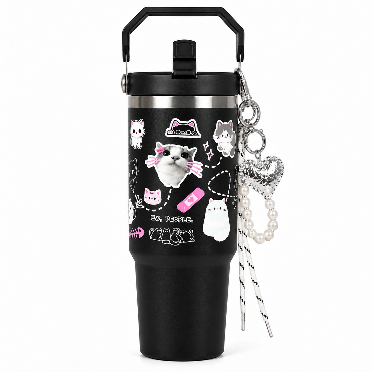Cute Cat Insulated Tumbler with Handle Black