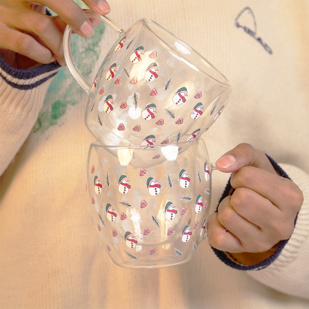 Set-2 Snowman -Double Wall Glass Mug