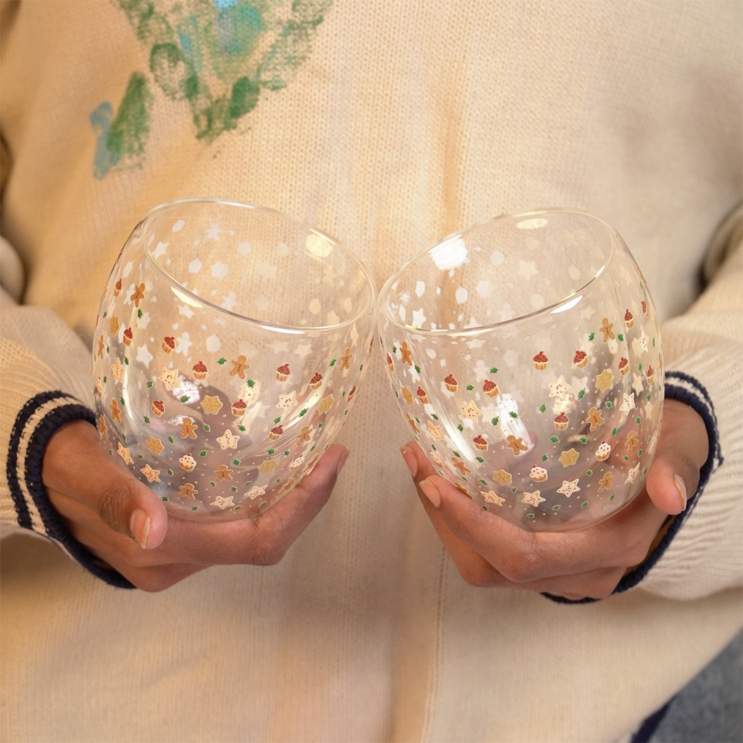 Set-2 Christmas Gingerbread & Stars -Double Wall Glass Mug