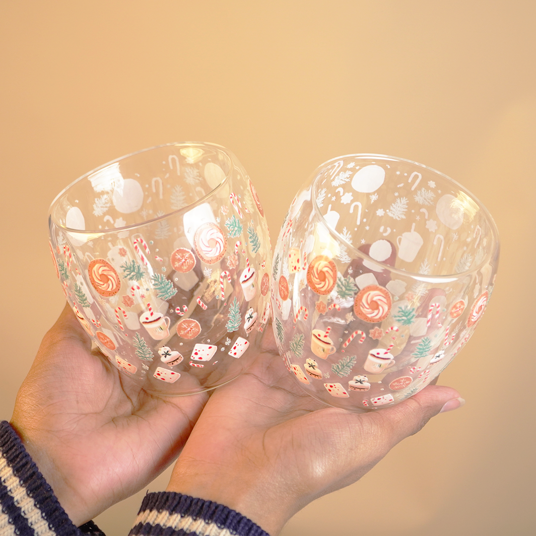 Set-2 Candy Cane & Christmas Treats  -Double Wall Glass Mug