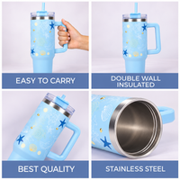 Aqua merin Ocean Theme Insulated Tumbler with Handle, Decorative Sea Life Design Travel Cup with Straw Lid
