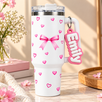 Bow & Heart Print Tumbler with Handle & Charm | Reusable Travel Cup | Cute Everyday Drinkware-WITH NAME KEYCHAIN