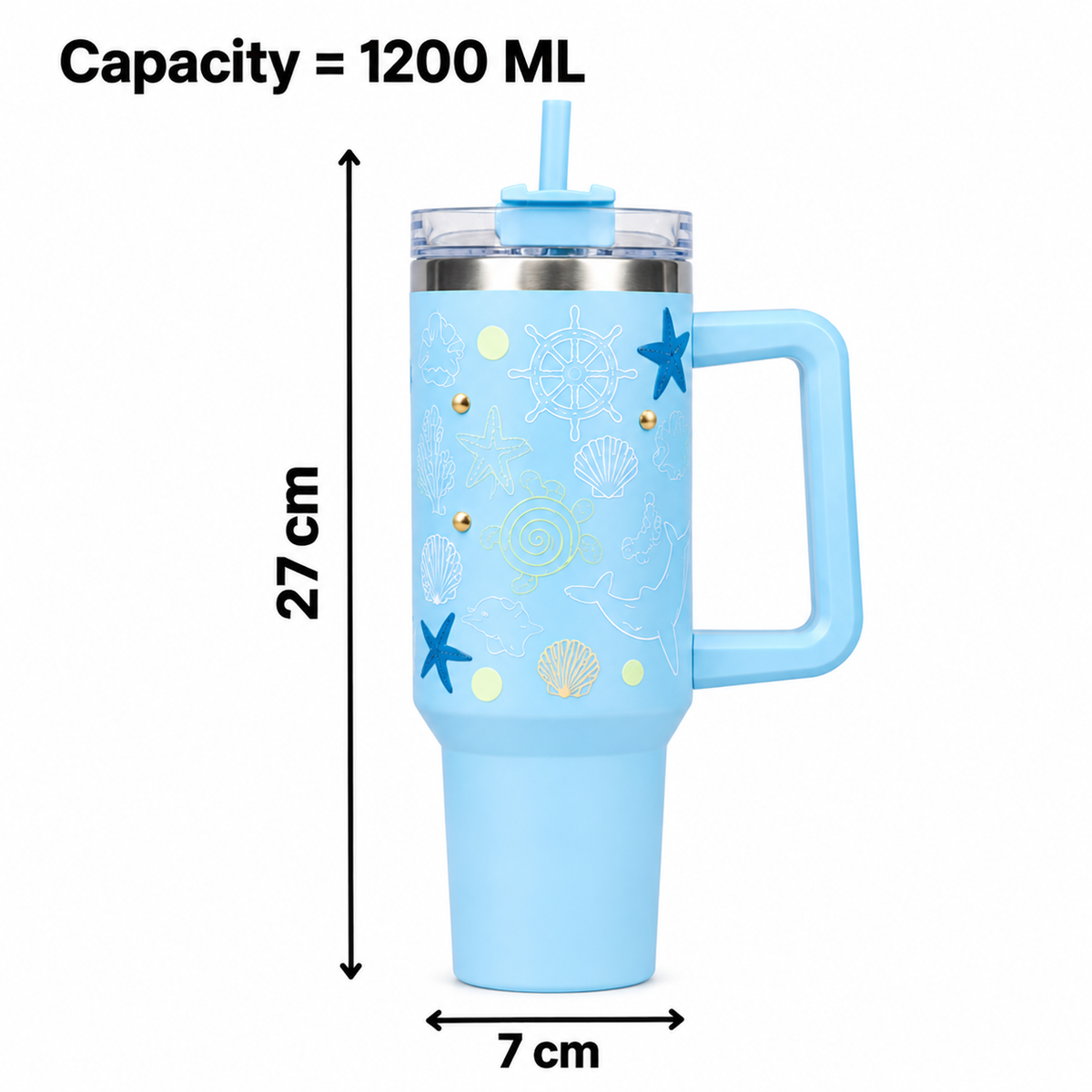 Aqua merin Ocean Theme Insulated Tumbler with Handle, Decorative Sea Life Design Travel Cup with Straw Lid