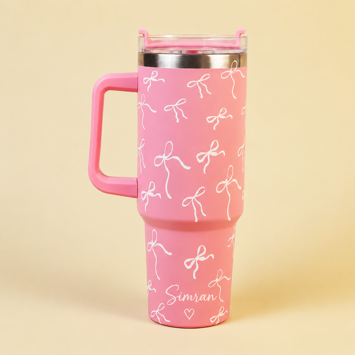 Personalized Pink Bow Insulated Tumbler with Handle & Straw