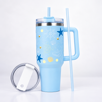 Aqua merin Ocean Theme Insulated Tumbler with Handle, Decorative Sea Life Design Travel Cup with Straw Lid