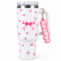 Bow & Heart Print Tumbler with Handle & Charm | Reusable Travel Cup | Cute Everyday Drinkware-WITH NAME KEYCHAIN