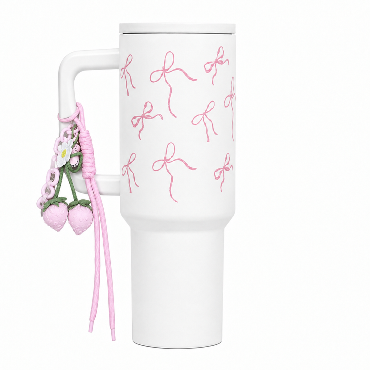 Personalized Pink Ribbon Bow Stainless Travel Tumbler with Handle & Straw