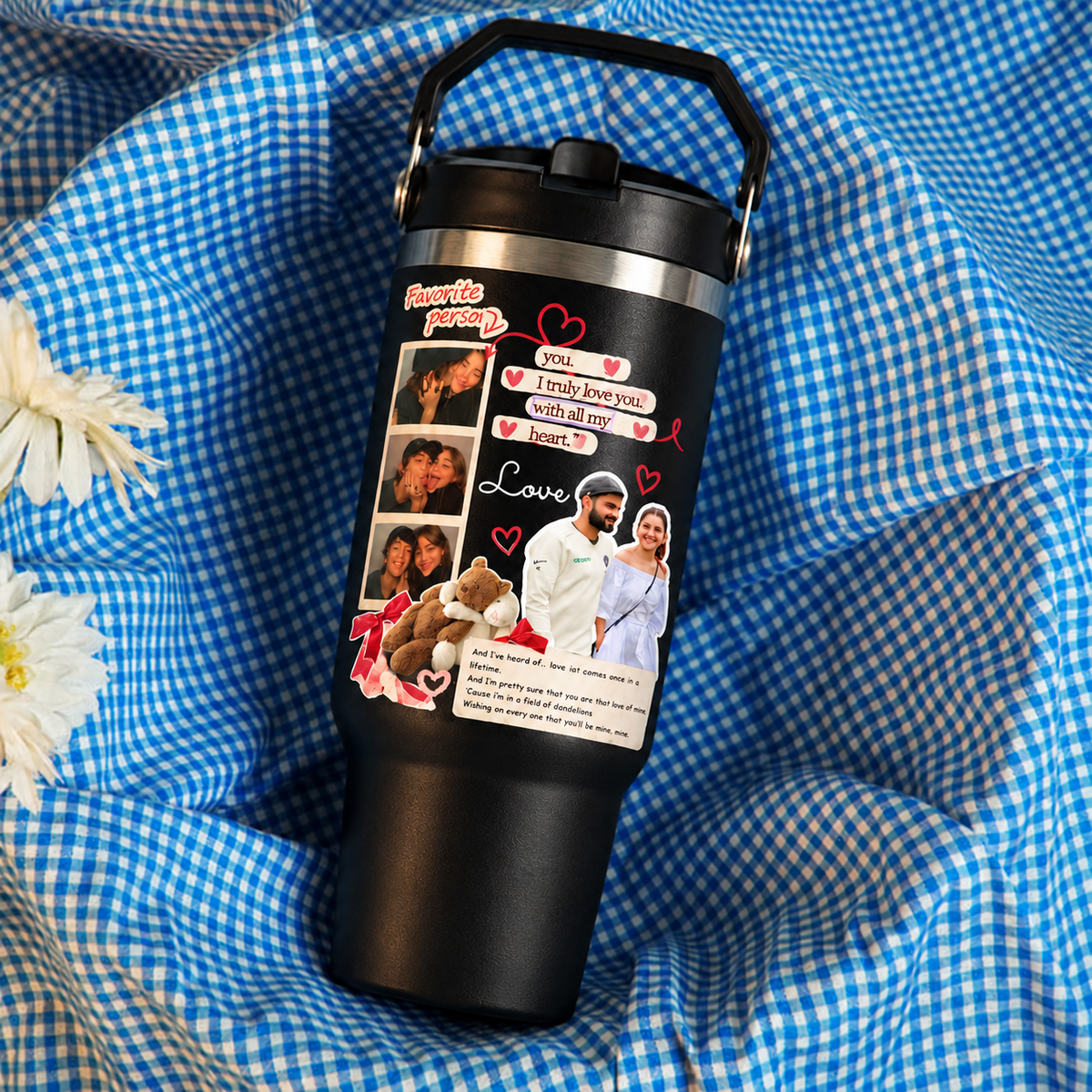Personalised Photo Collage Tumbler with Handle, Love Message & Decorative Charms