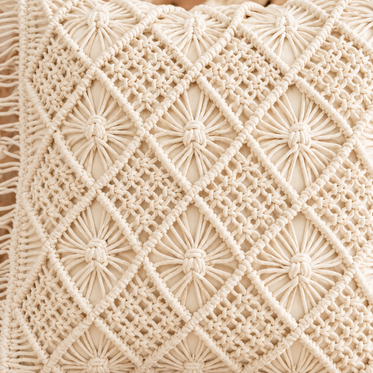 Macrame Fringe Cushion Covers – Set of 2, 16 × 16 Inch