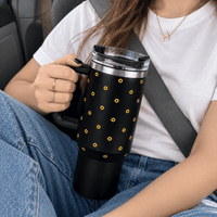 Black Sunflower Tumbler with Handle & Straw – Cute Floral Reusable Travel Cup for Women & Girls