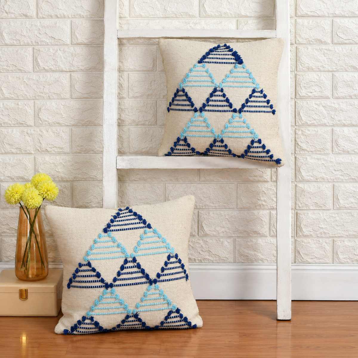 Blue Pattern Embroidered Cushion Covers for Sofa & Bed – Set of 2