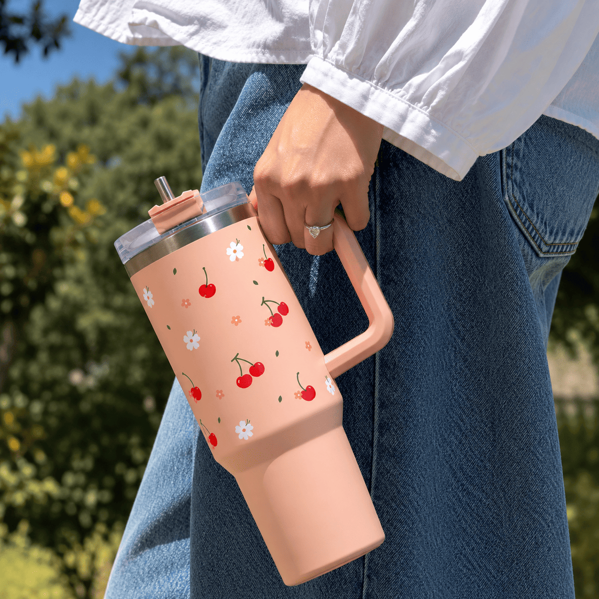 Cherry Floral Print Stainless Steel Insulated Tumbler with Handle