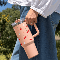 Cherry Floral Print Stainless Steel Insulated Tumbler with Handle