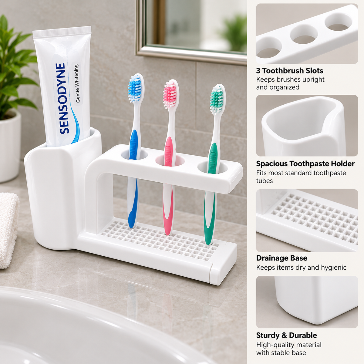 3 Slot Toothbrush Holder with Toothpaste Stand | Bathroom Toothbrush Organizer | Drainage Base