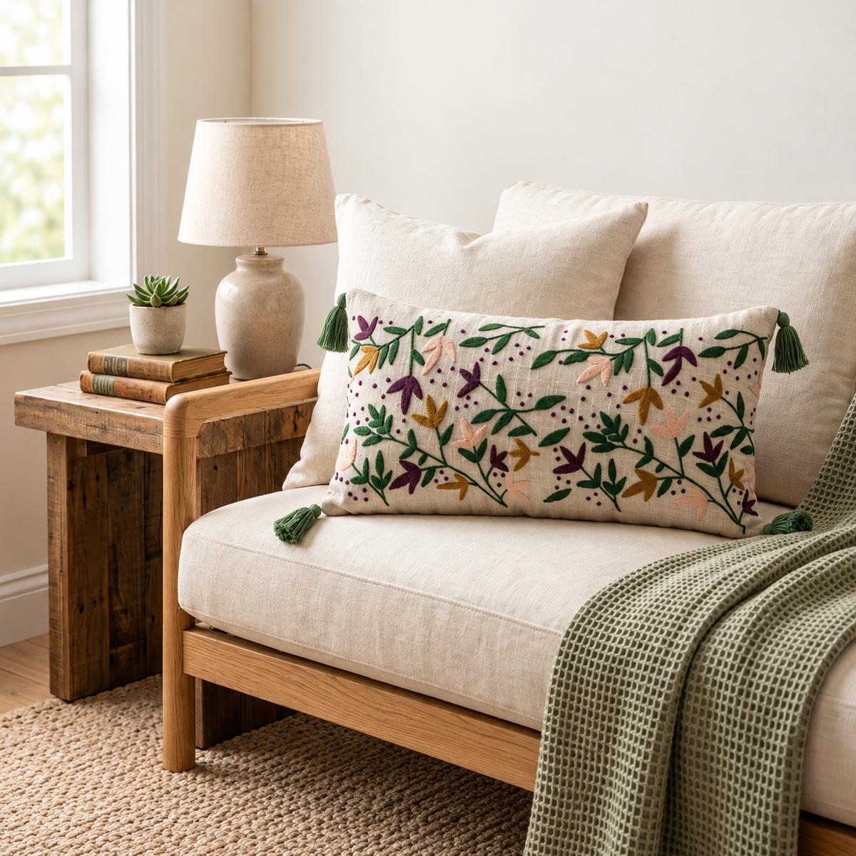 Floral Embroidered Lumbar Cushion Cover – 14 × 36 Inch