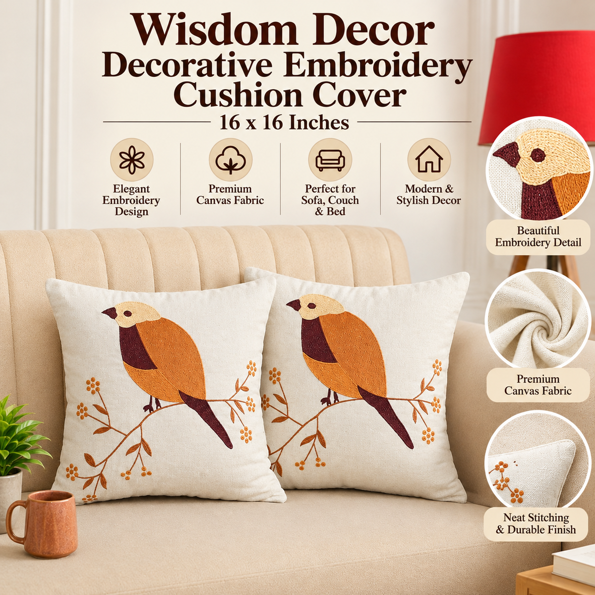 Bird Embroidered Cushion Covers for Sofa & Bed – Set of 2