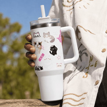 White Cat Print Tumbler with Straw & Handle – Cute Aesthetic Travel Tumbler