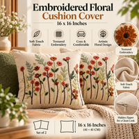 Sunflower Bouquet Embroidered Cushion Covers – Set of 2, 16 × 16 Inch