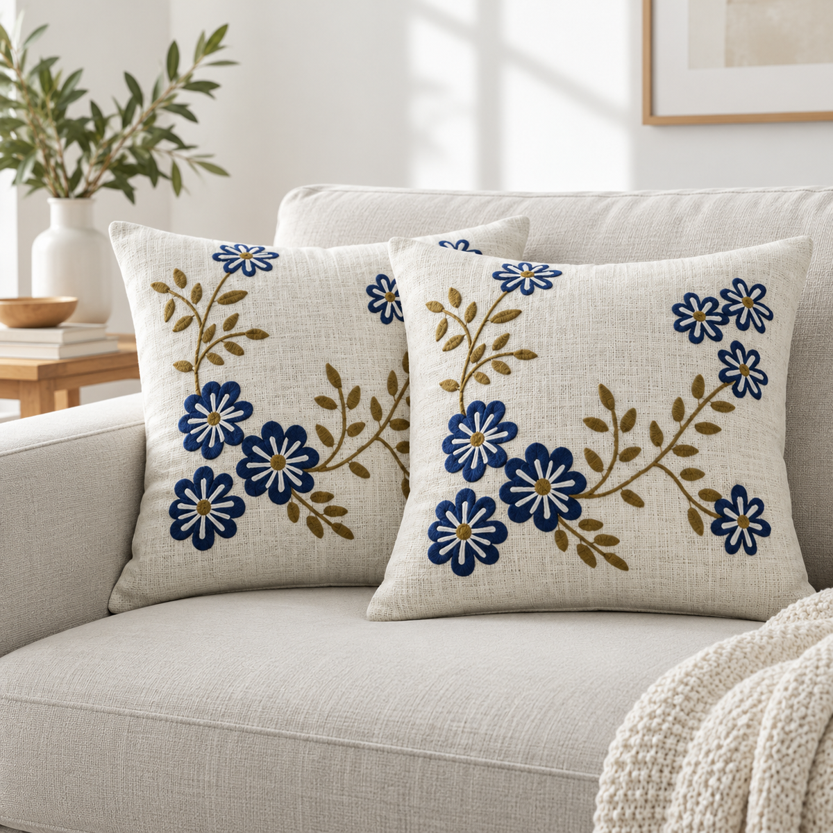 Blue Floral Embroidered Cushion Covers – Set of 2, 16 × 16 Inch