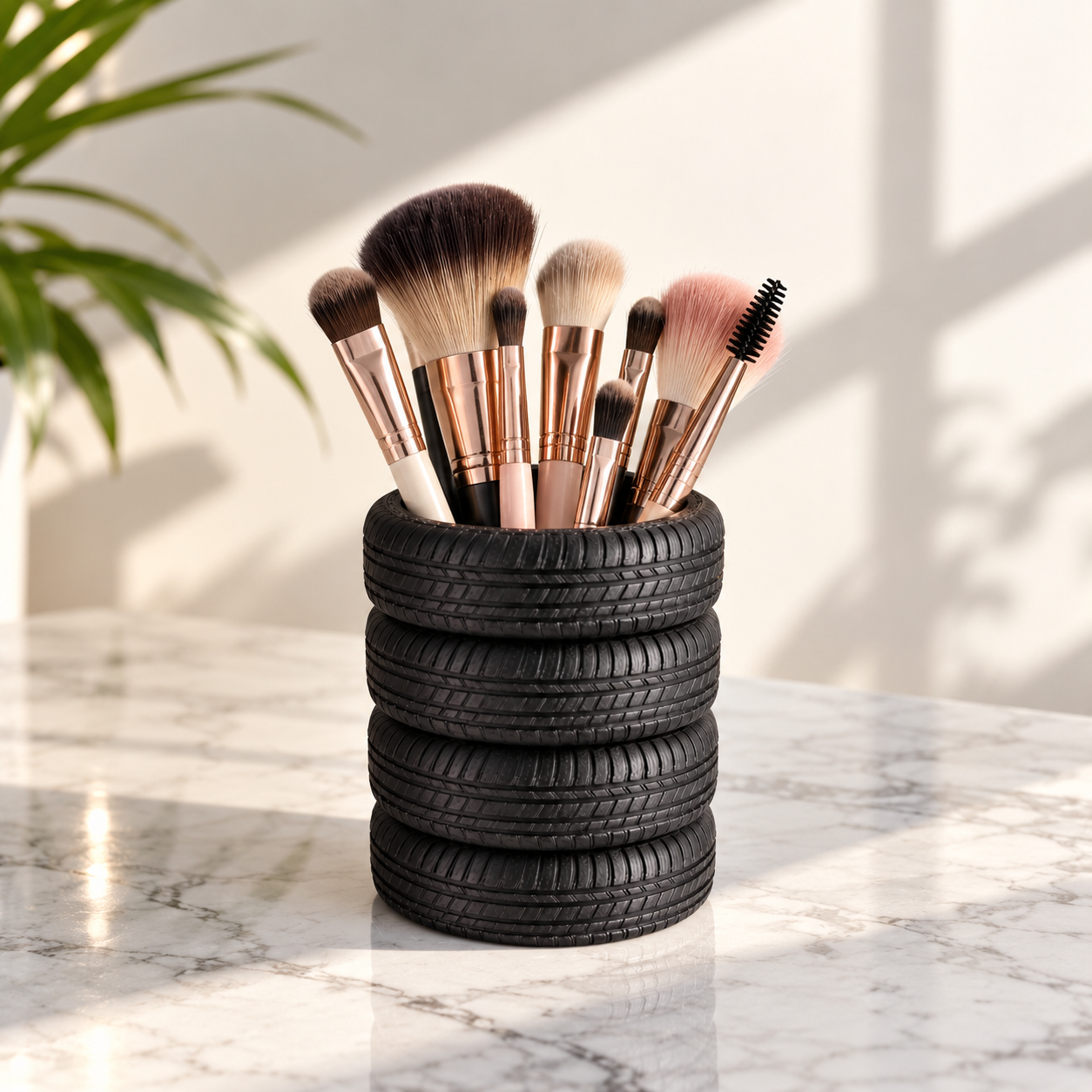 Car Tyre Makeup Brush Holder | Black Desk Organizer