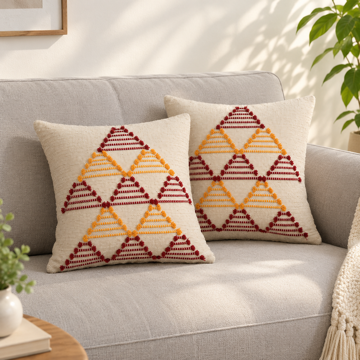 Red and Orange  Pattern Embroidered Cushion Covers for Sofa & Bed – Set of 2