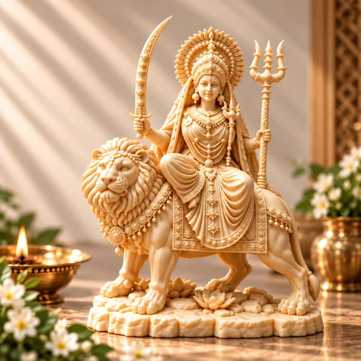 Goddess Durga Riding Lion Idol | Intricate Spiritual Home Décor | Pooja Mandir Showpiece