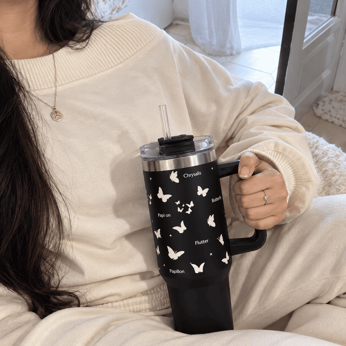 Black Butterfly Print Tumbler with Straw & Handle – Insulated Travel Tumbler