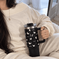 Black Butterfly Print Tumbler with Straw & Handle – Insulated Travel Tumbler