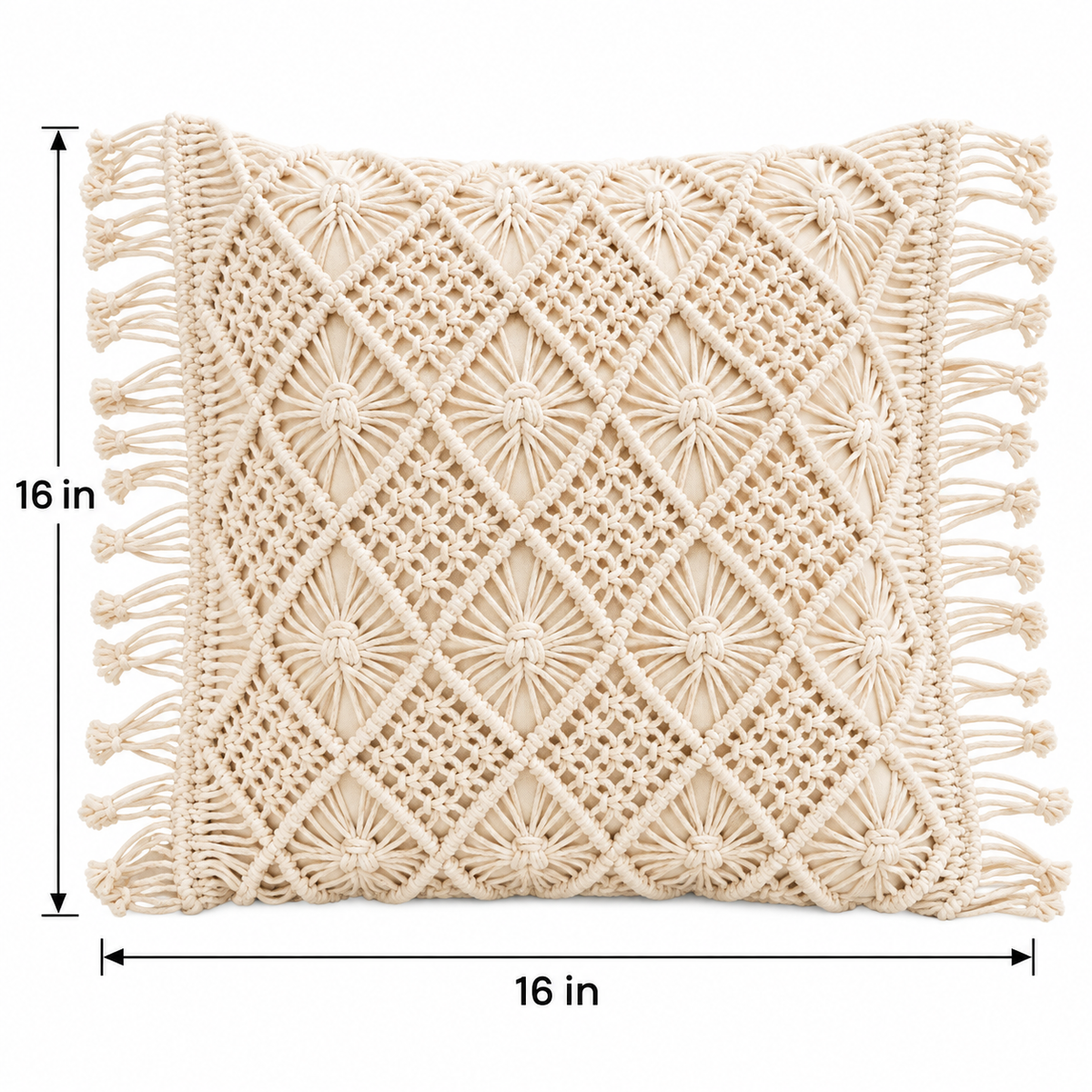 Macrame Fringe Cushion Covers – Set of 2, 16 × 16 Inch
