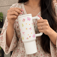 Butterfly, Bow & Floral Print travel  WHITE Tumbler