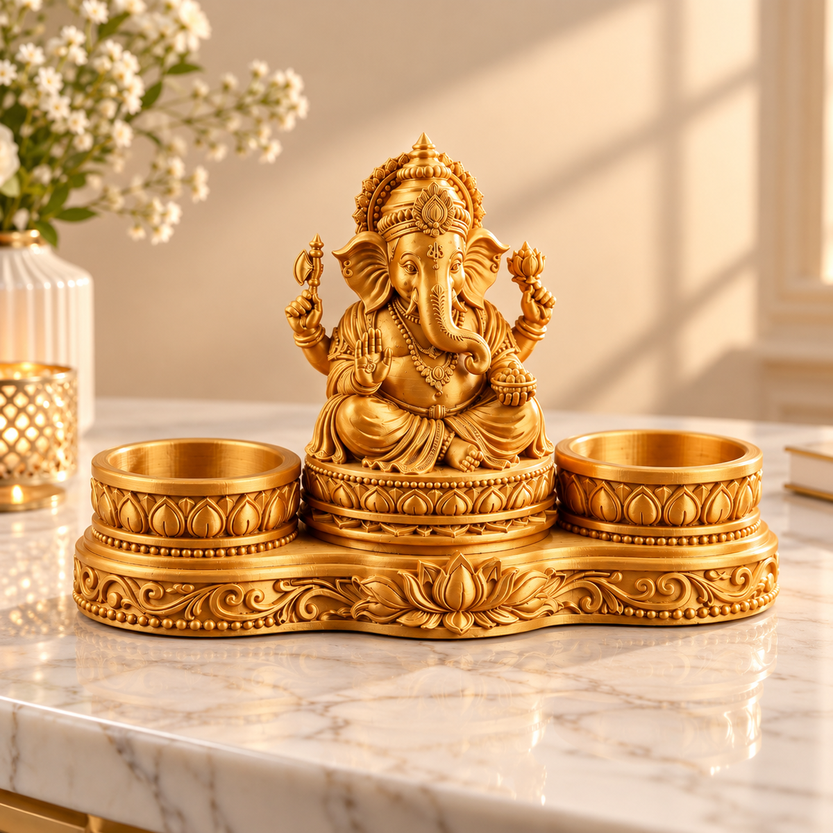Lord Ganesh Idol with Dual Diya Holders | Intricate Spiritual Home Décor | Pooja Mandir Showpiece