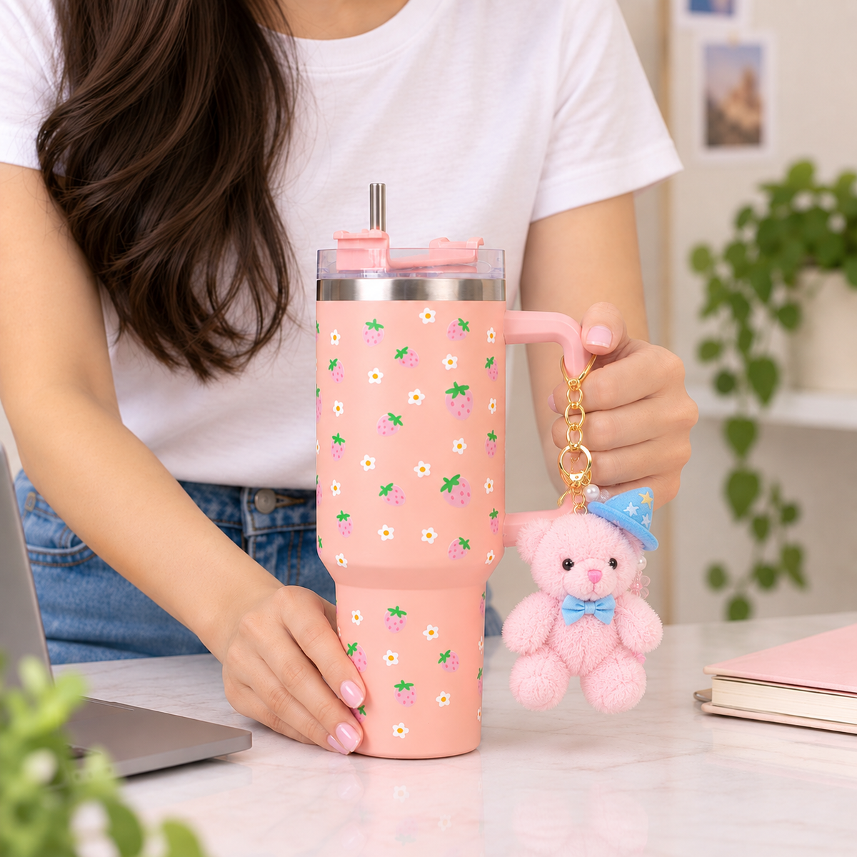 Peach Strawberry Tumbler with Straw & Handle – Cute Pink Fruit Print Travel Tumbler