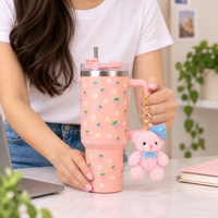 Peach Strawberry Tumbler with Straw & Handle – Cute Pink Fruit Print Travel Tumbler