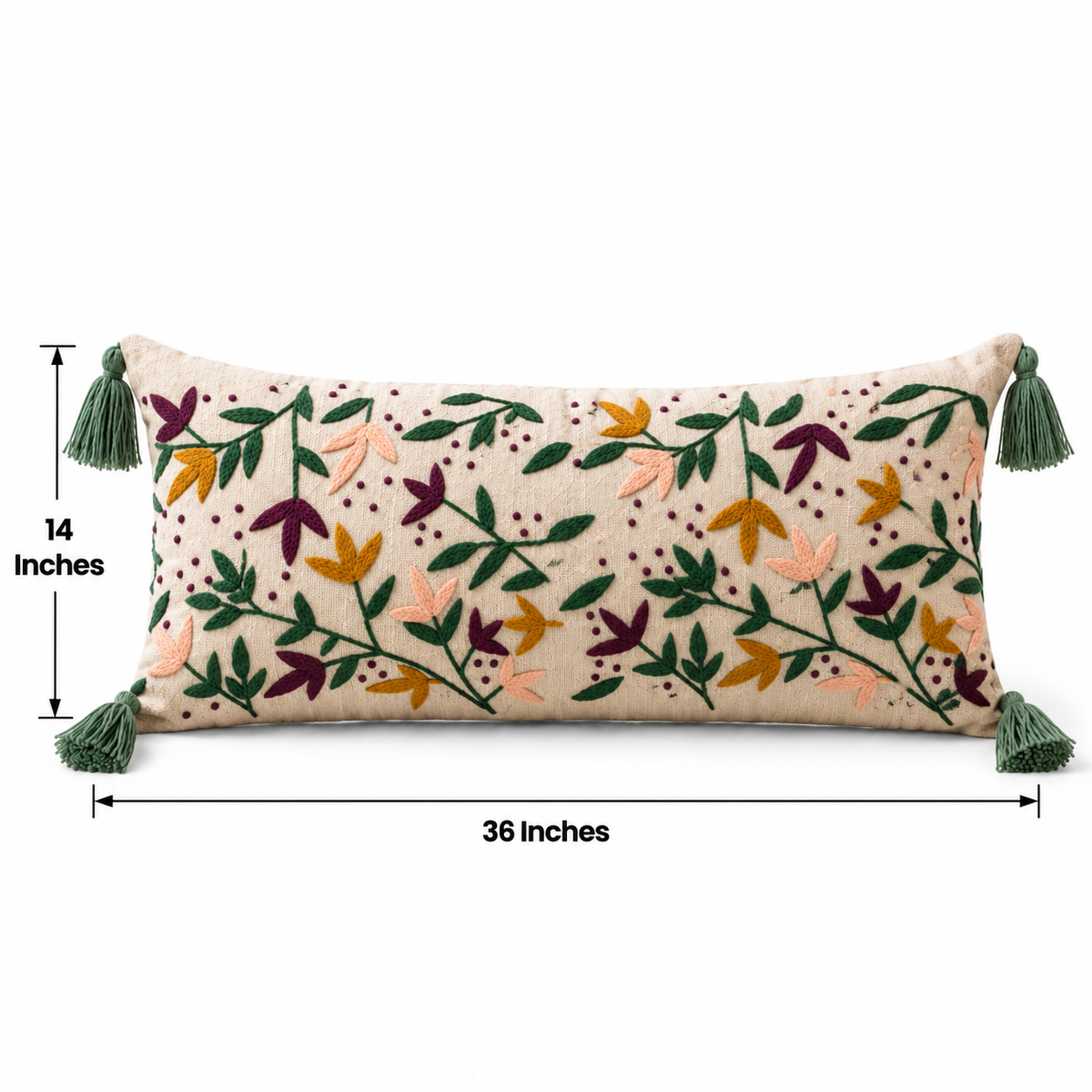 Floral Embroidered Lumbar Cushion Cover – 14 × 36 Inch