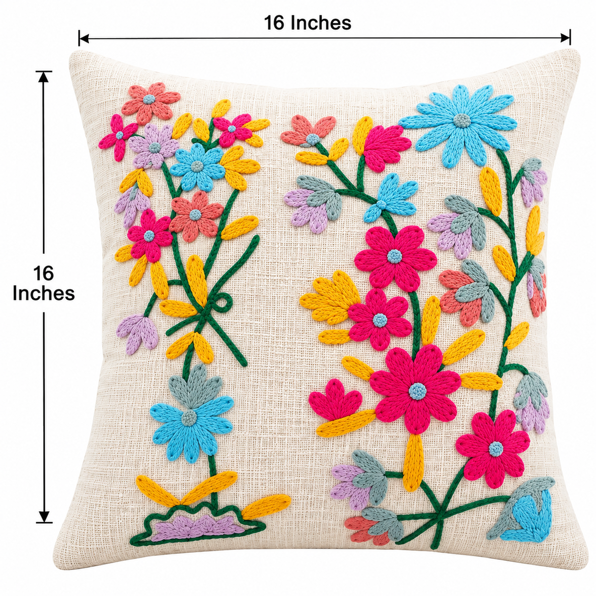 Multicolor Floral Embroidered Cushion Covers – Set of 2, 16 × 16 Inch