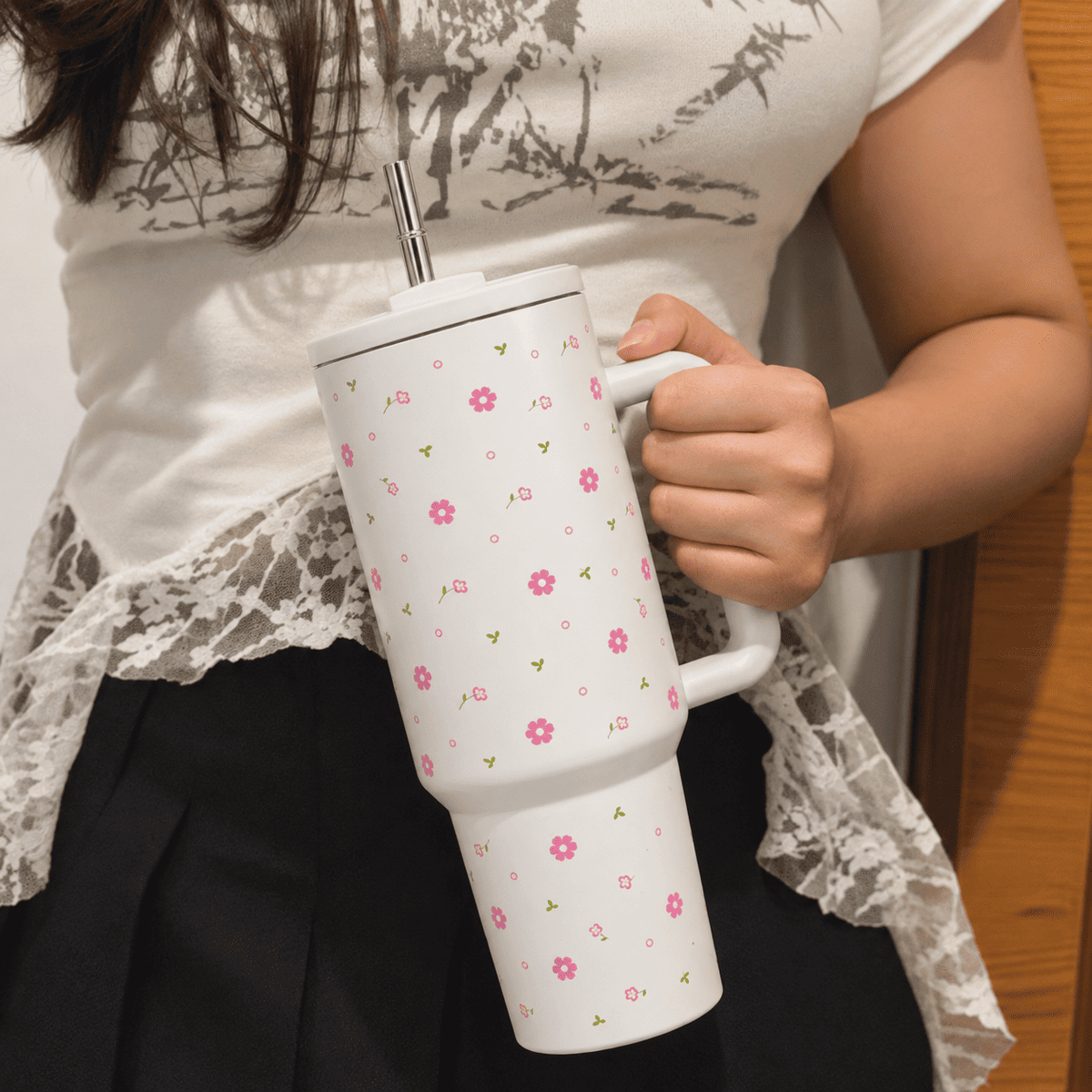 Blooming Garden Floral Tumbler with Straw & Handle