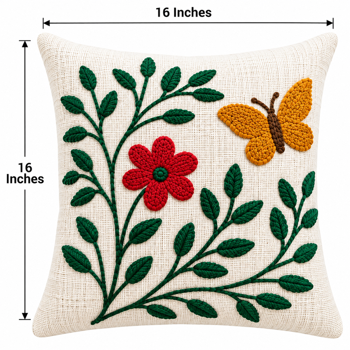 Pink Floral Butterfly Embroidered Cushion Covers – Set of 2, 16 × 16 Inch