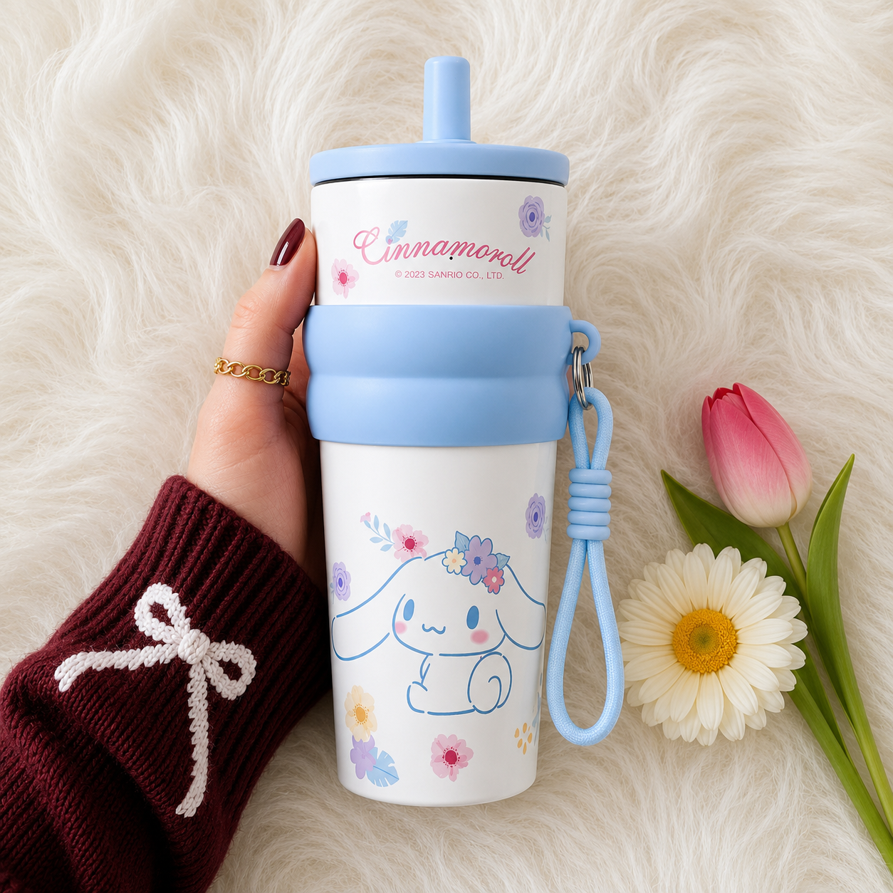 Cinnamoroll Floral Stainless Steel Insulated Tumbler with Straw & Carry Loop
