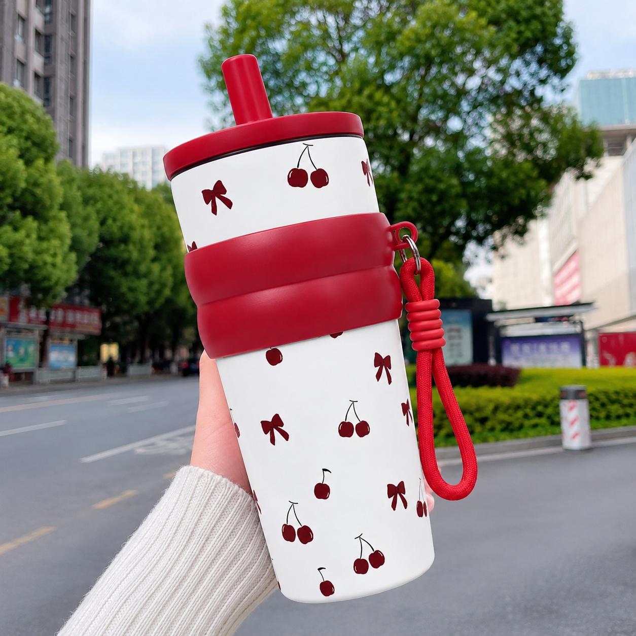 Cherry Print Stainless Steel Insulated Tumbler with Straw & Carry Loop