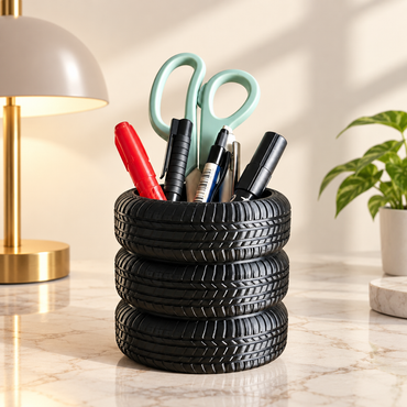 Car Tire Makeup Brush Holder | Black Desk Organizer