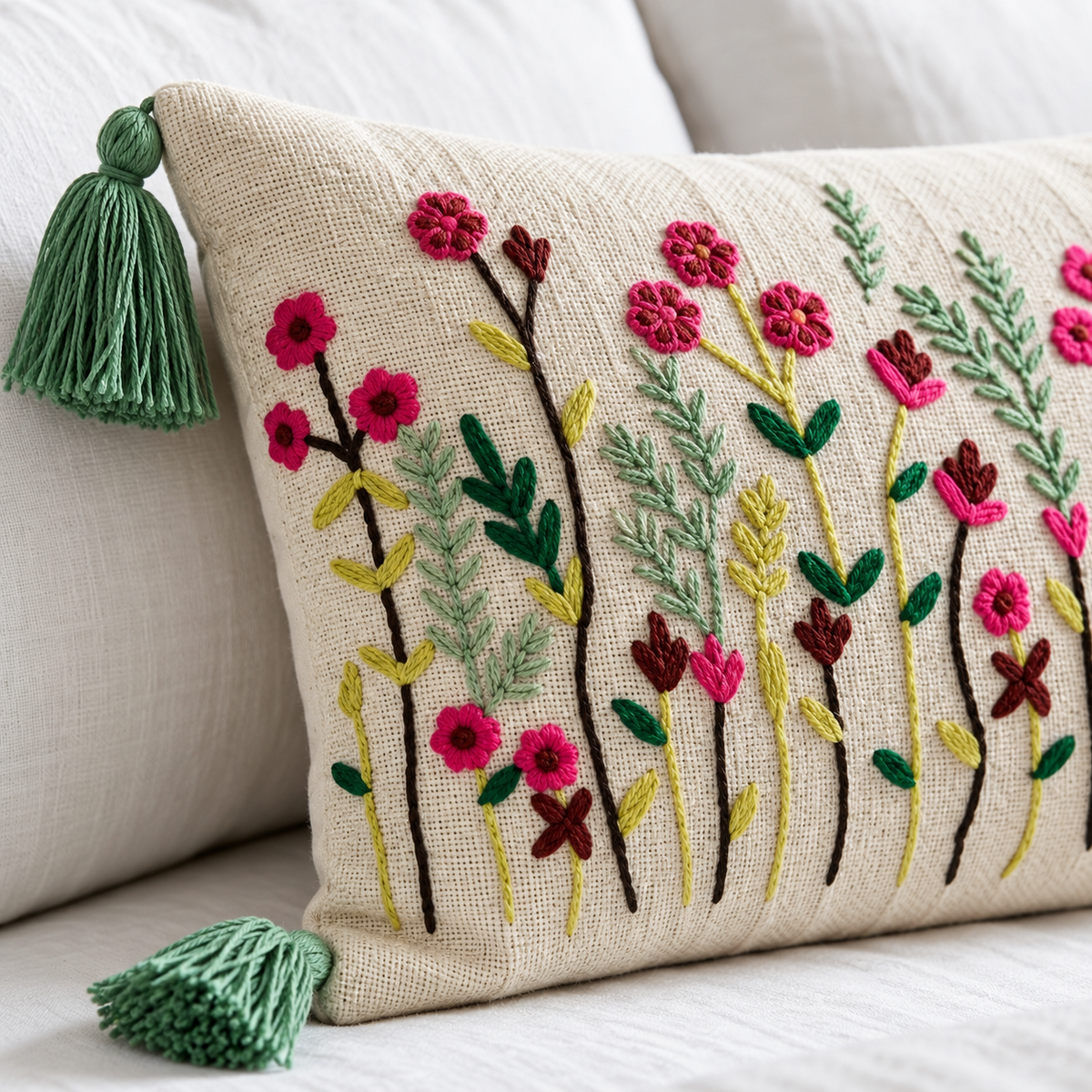 Wildflower Garden Embroidered Lumbar Cushion Cover 14×36 Inch