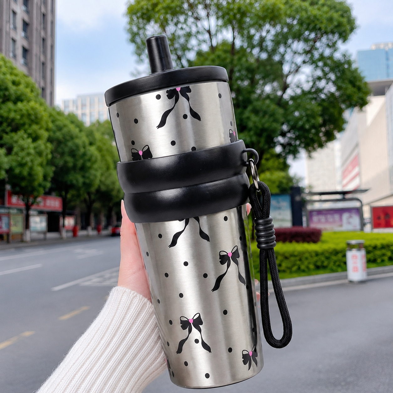 Bow Print Stainless Steel Insulated Tumbler with Straw & Carry Loop