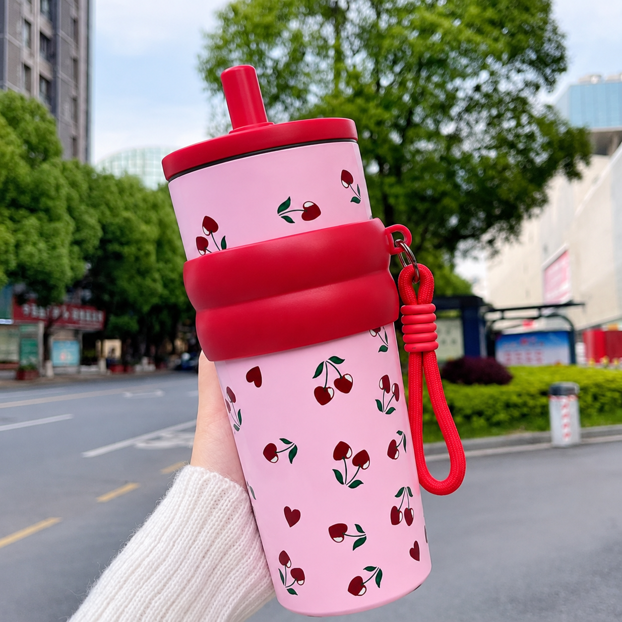Cherry Blossom Stainless Steel Insulated Tumbler with Straw & Carry Loop