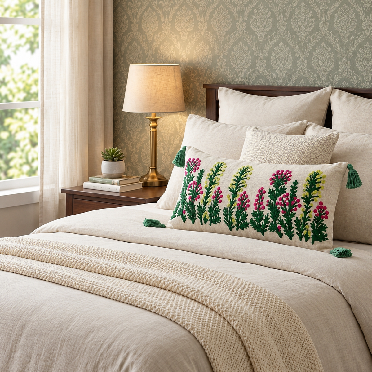 Pink Flower Floral Embroidered Lumbar Cushion Cover with Tassels – 14 × 36 Inch