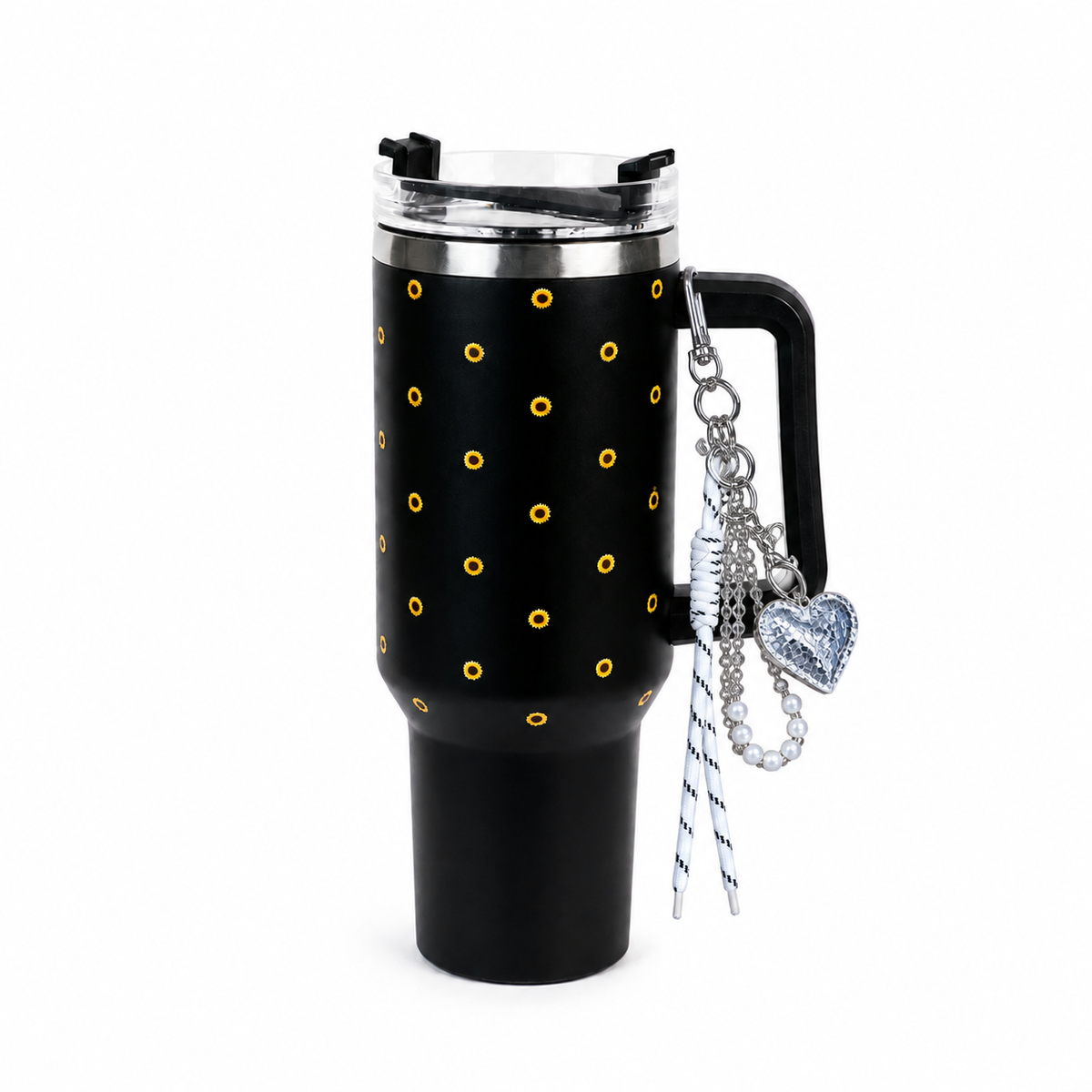 Black Sunflower Tumbler with Handle & Straw – Cute Floral Reusable Travel Cup for Women & Girls