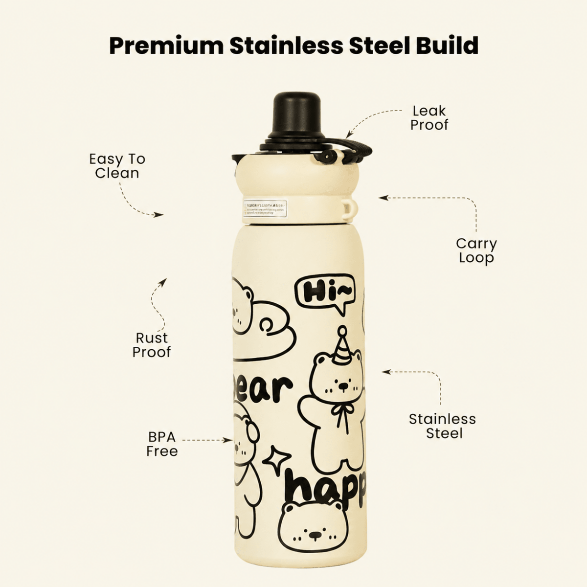 Happy Bear Stainless Steel Water Bottle - Memories InsiteHAPPY BLACK BEAR SHIPPER BOTTLE - 650 ML