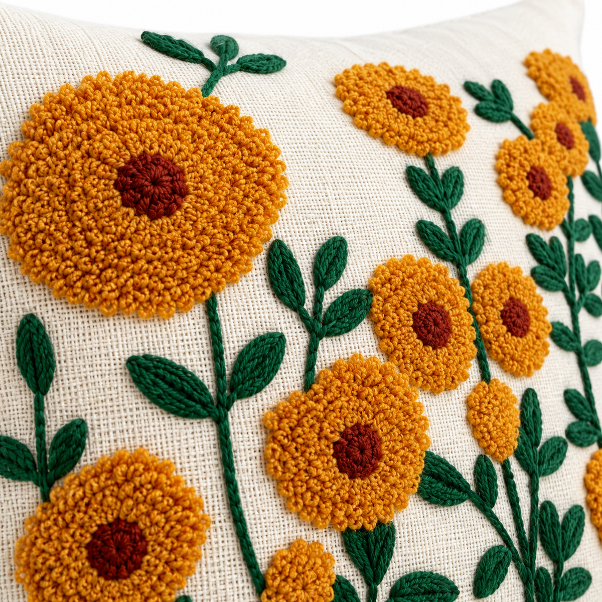 Marigold Floral Embroidered Cushion Covers – Set of 2, 16 × 16 Inch