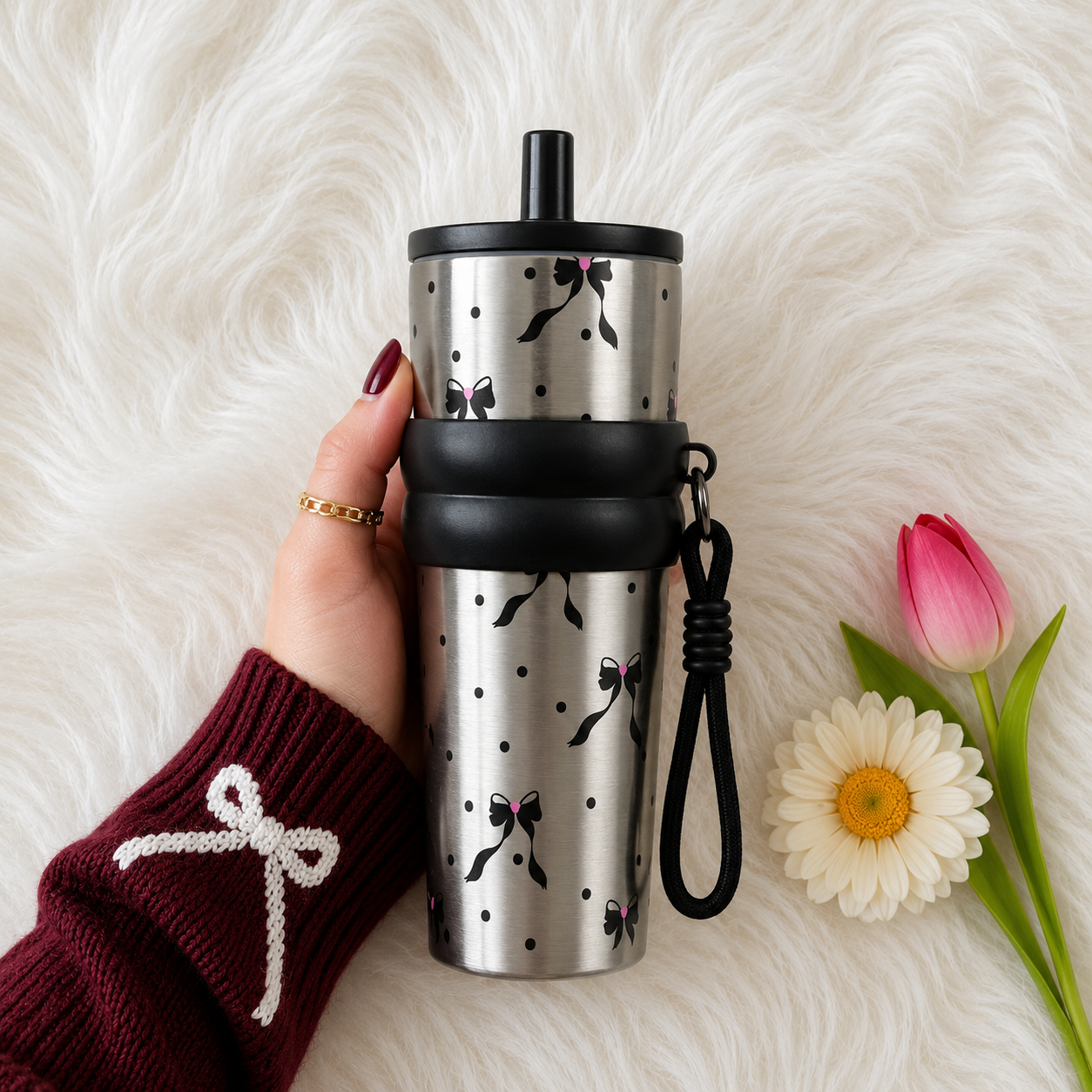Bow Print Stainless Steel Insulated Tumbler with Straw & Carry Loop