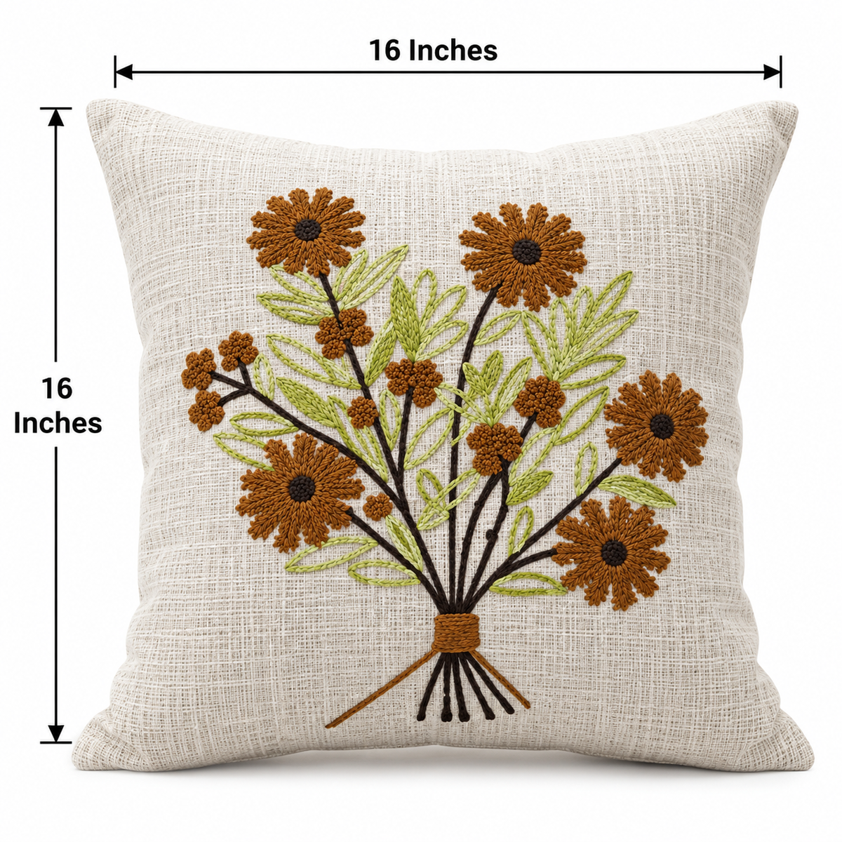 Sunflower Bouquet Embroidered Cushion Covers – Set of 2, 16 × 16 Inch